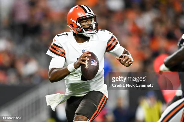 Jacoby Brissett of the Cleveland Browns looks to pass during the first half of a preseason game against the Chicago Bears at FirstEnergy Stadium on...