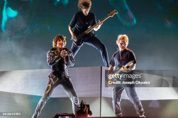 Oli Sykes of Bring Me the Horizon and Ed Sheeran perform on the main stage at Reading Festival day 2 on August 27, 2022 in Reading, England.