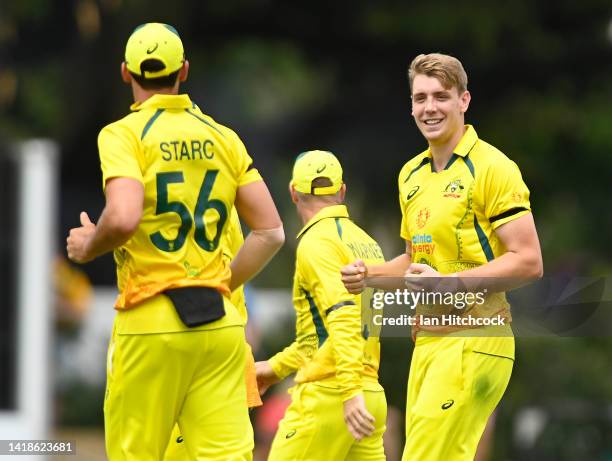 Cameron Green of Australia celebrates after taking the wicket of Sikandar Raza of Zimbabwe during game one of the One Day International Series...