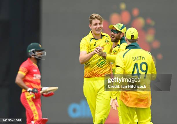 Cameron Green of Australia celebrates after taking the wicket of Sikandar Raza of Zimbabwe during game one of the One Day International Series...