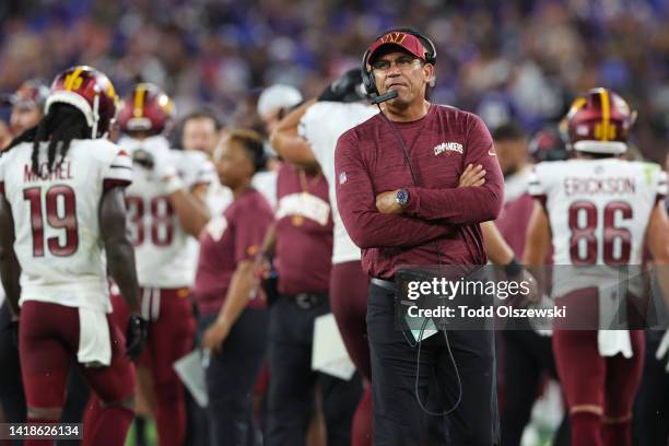 Head Coach Ron Rivera of the Washington Commanders looks on from the sidelines during the fourth quarter of the preseason game against the Baltimore...