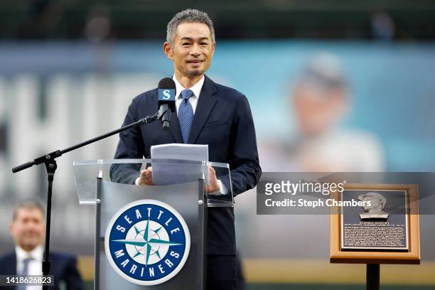 Former Seattle Mariner Ichiro Suzuki speaks during the Mariners Hall of Fame pregame ceremony prior to the game between the Cleveland Guardians and...