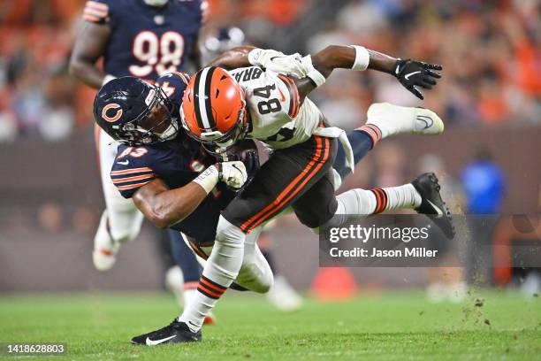 Linebacker DeMarquis Gates of the Chicago Bears tackles wide receiver Ja'Marcus Bradley of the Cleveland Browns during the third quarter of a...