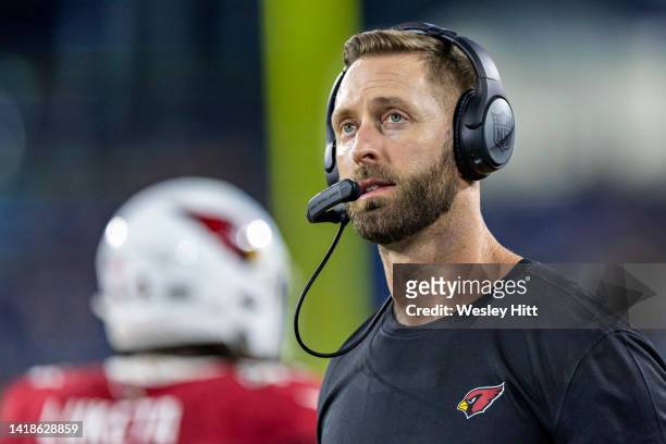 Head Coach Kliff Kingsbury of the Arizona Cardinals on the sidelines during a preseason game against the Tennessee Titans at Nissan Stadium on August...