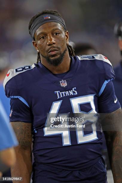 Bud Dupree of the Tennessee Titans during the second half of the preseason game against the Arizona Cardinals at Nissan Stadium on August 27, 2022 in...