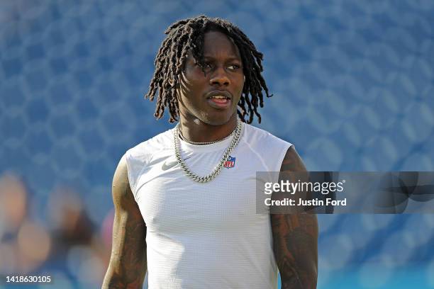Marquise Brown of the Arizona Cardinals warms up prior to the preseaon game against the Tennessee Titans at Nissan Stadium on August 27, 2022 in...