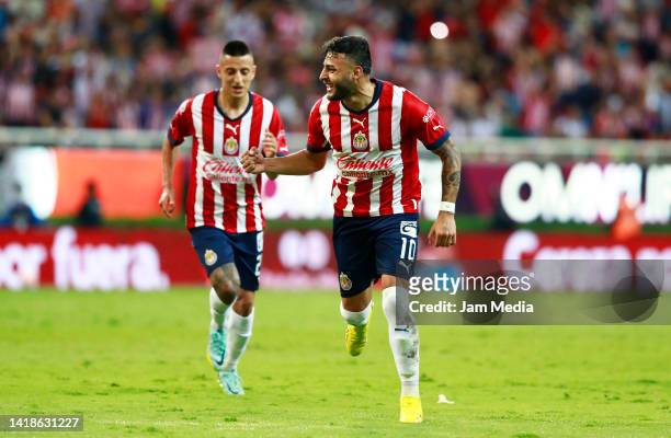 Alexis Vega of Chivas celebrates after scoring his team's second goal during the 11th round match between Chivas and Pumas UNAM as part of the Torneo...