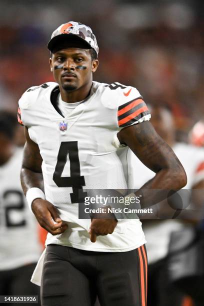 Deshaun Watson of the Cleveland Browns runs off the field at halftime of a preseason game against the Chicago Bears at FirstEnergy Stadium on August...