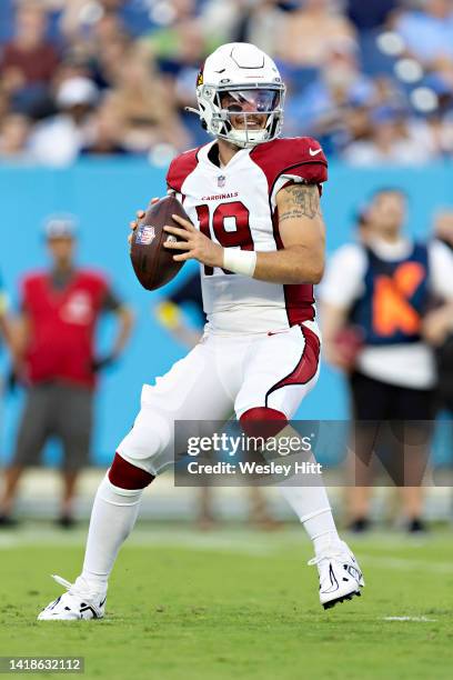 Trace McSorley of the Arizona Cardinals drops back to pass during a preseason game against the Tennessee Titans at Nissan Stadium on August 27, 2022...