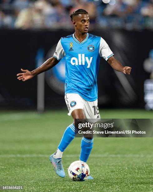 Kerwin Vargas of Charlotte FC scans the field during a game between Toronto FC and Charlotte FC at Bank of America Stadium on August 27, 2022 in...