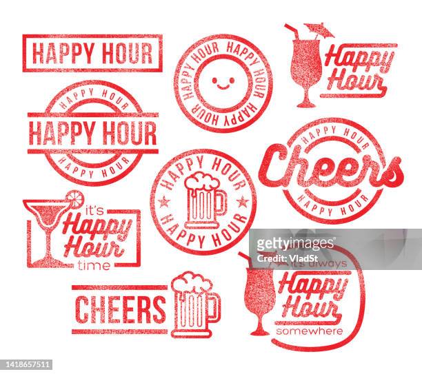 happy hour menu rubber stamps - happy hours stock illustrations