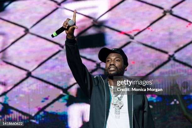 Recording artist Meek Mill performs at The Aretha Franklin Amphitheatre on August 26, 2022 in Detroit, Michigan.