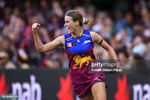 Greta Bodey of the Lions celebrates kicking a goal during the round one AFLW match between the Brisbane Lions and the Fremantle Dockers at The Gabba...