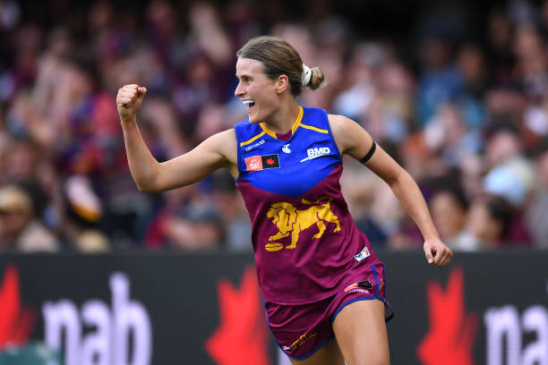 Greta Bodey of the Lions celebrates kicking a goal during the round one AFLW match between the Brisbane Lions and the Fremantle Dockers at The Gabba...