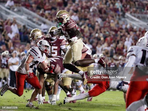 Runningback Rodney Hill of the Florida State Seminoles leaps in the air for a touchdown during the game against the Duquesne Dukes at Doak Campbell...