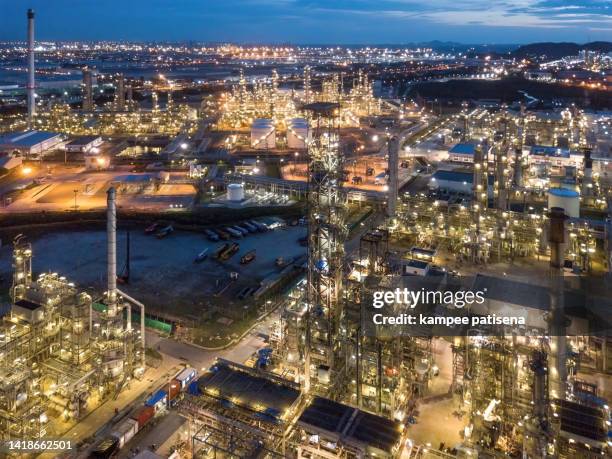 aerial photographs of oil refineries plants, gas tank, oil tank. - distillation tower stock pictures, royalty-free photos & images