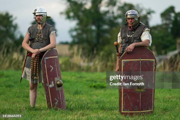 Roman soldiers take part in rehearsals ahead of a Night Attack re-enactment at Chesters Roman Fort on August 27, 2022 in Hexham, United Kingdom. 2022...