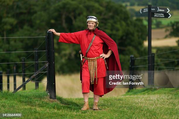Roman soldier waits to take part in rehearsals ahead of a Night Attack re-enactment at Chesters Roman Fort on August 27, 2022 in Hexham, United...