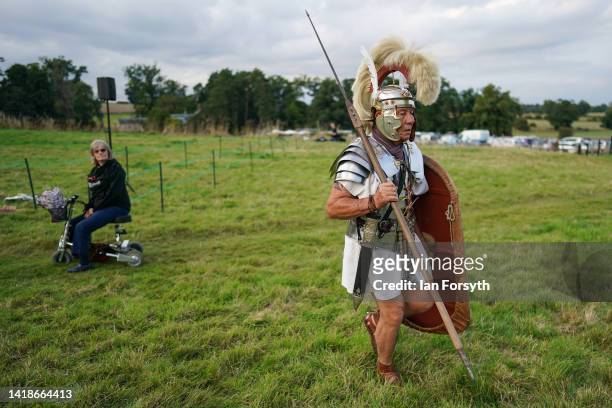 Roman soldier takes part in rehearsals ahead of a Night Attack re-enactment at Chesters Roman Fort on August 27, 2022 in Hexham, United Kingdom. 2022...