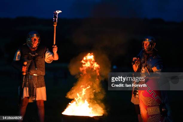 Roman soldier re-enactors pose for pictures following a night attack battle at Chesters Roman Fort on August 27, 2022 in Hexham, United Kingdom. 2022...