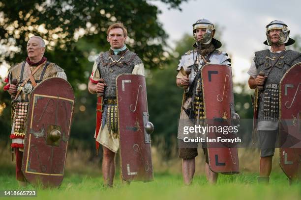 Roman soldiers take part in rehearsals ahead of a Night Attack re-enactment at Chesters Roman Fort on August 27, 2022 in Hexham, United Kingdom. 2022...
