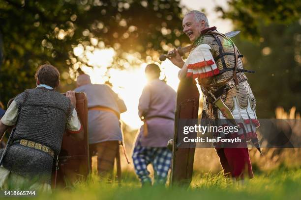 Roman soldiers take part in rehearsals ahead of a Night Attack re-enactment at Chesters Roman Fort on August 27, 2022 in Hexham, United Kingdom. 2022...