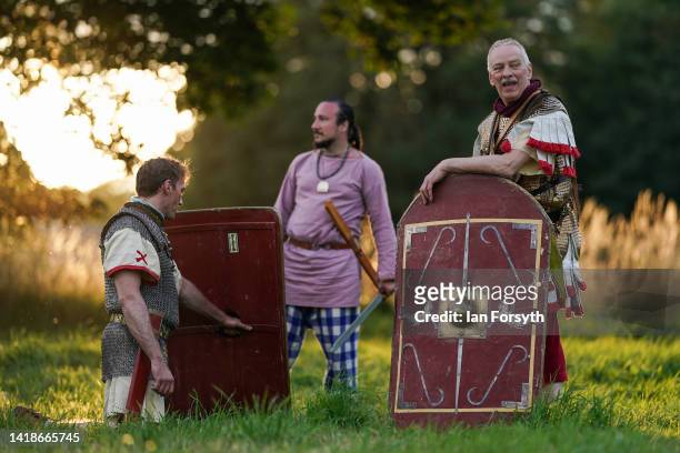 Roman soldiers take part in rehearsals ahead of a Night Attack re-enactment at Chesters Roman Fort on August 27, 2022 in Hexham, United Kingdom. 2022...