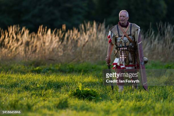 Roman soldier takes part in rehearsals ahead of a Night Attack re-enactment at Chesters Roman Fort on August 27, 2022 in Hexham, United Kingdom. 2022...