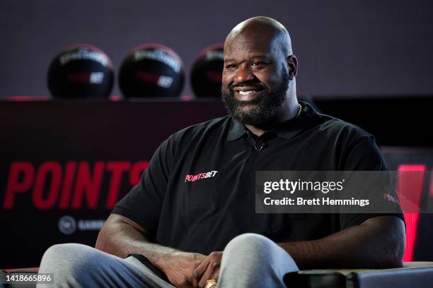 Shaquille O'Neal is interviewed during the PointsBet Built Differently Media Event at Cargo Hall on August 28, 2022 in Sydney, Australia.