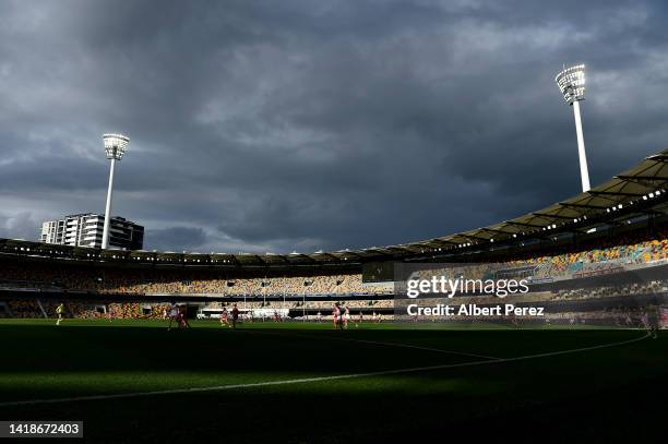 General view is seen during the round one AFLW match between the Brisbane Lions and the Fremantle Dockers at The Gabba on August 28, 2022 in...