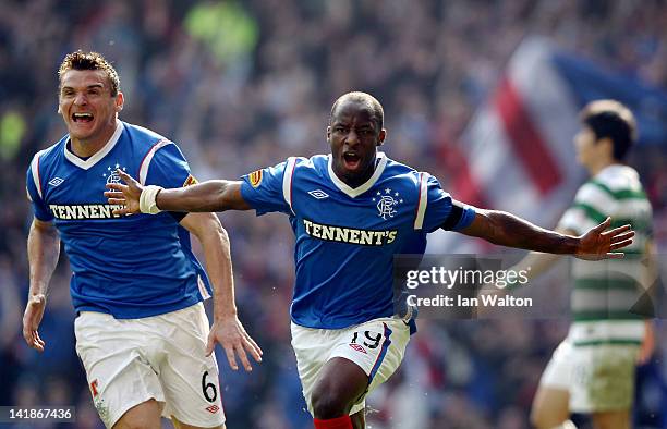 Sone Aluko of Rangers celebrates scoring a goal during the Clydesdale Bank Scottish Premier League match between Rangers and Celtic at Ibrox Stadium...