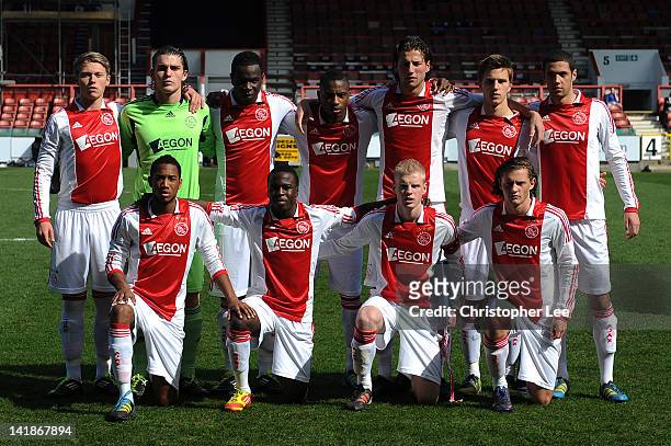 The Ajax U19 team line up during the NextGen Series Final between Ajax U19 and Inter Milan U19 at Matchroom Stadium on March 25, 2012 in London,...