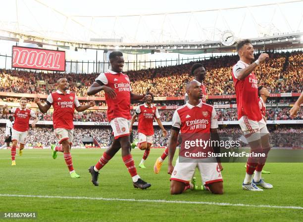 Gabriel celebrates scoring the 2nd Arsenal goal with Ben White and (RO Eddie Nketiah during the Premier League match between Arsenal FC and Fulham FC...