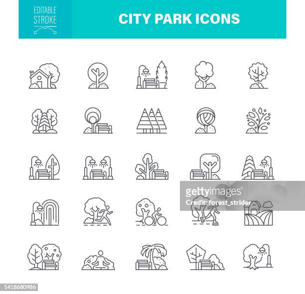 stadtparksymbole bearbeitbarer strich - garten baum stock-grafiken, -clipart, -cartoons und -symbole