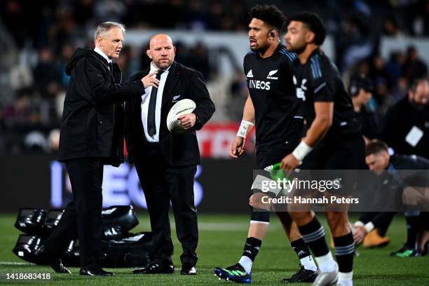 Assistant coach Joe Schmidt and forwards coach Jason Ryan of the All Blacks look on ahead of The Rugby Championship match between the New Zealand All...