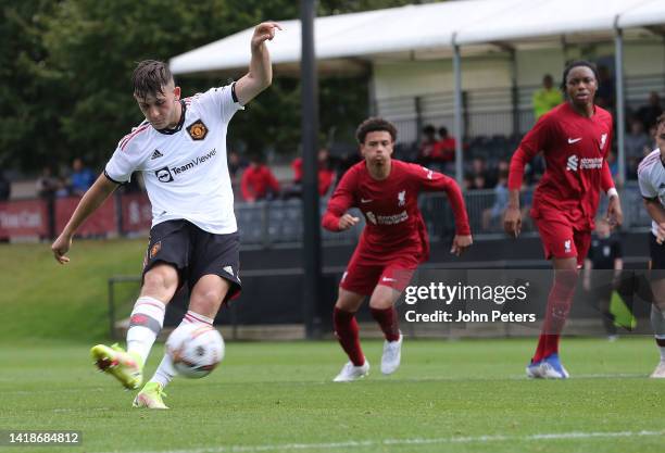 Manni Norkett of Manchester United scores their second goal during the U18 Premier League match between Liverpool U18s and Manchester United U18s at...