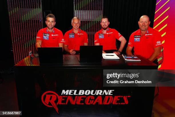 James Rosengarten, Brad Hodge, Lloyd Mash and David Saker of the Renegades pose prior to the 2022 Big Bash League Draft at NEP Studios on August 28,...