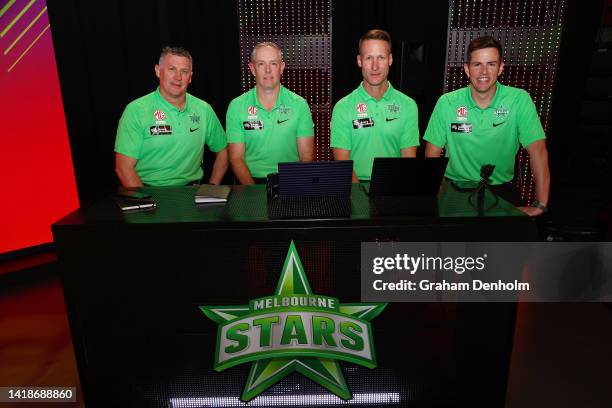 David Hussey, Ben Rohrer, Blair Crouch and Chris MacDonald of the Stars pose prior to the 2022 Big Bash League Draft at NEP Studios on August 28,...