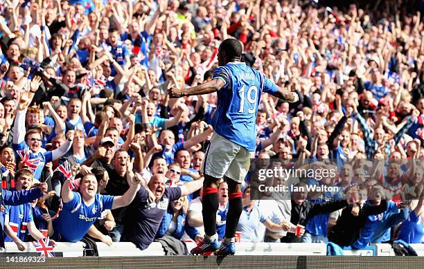 Sone Aluko of Rangers celebrates scoring a goal during the Clydesdale Bank Scottish Premier League match between Rangers and Celtic at Ibrox Stadium...