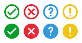 green check and red cross symbols, blue question mark and yellow exclamation point, round thin line vector signs, solid circle icons set