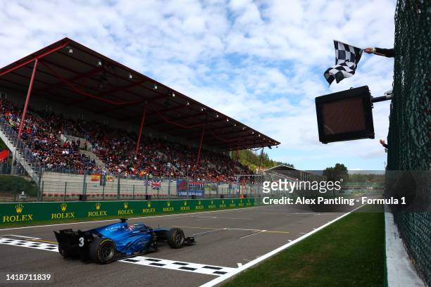 Race winner Jack Doohan of Australia and Virtuosi Racing takes the chequered flag during the Round 11:Spa-Francorchamps Feature race of the Formula 2...