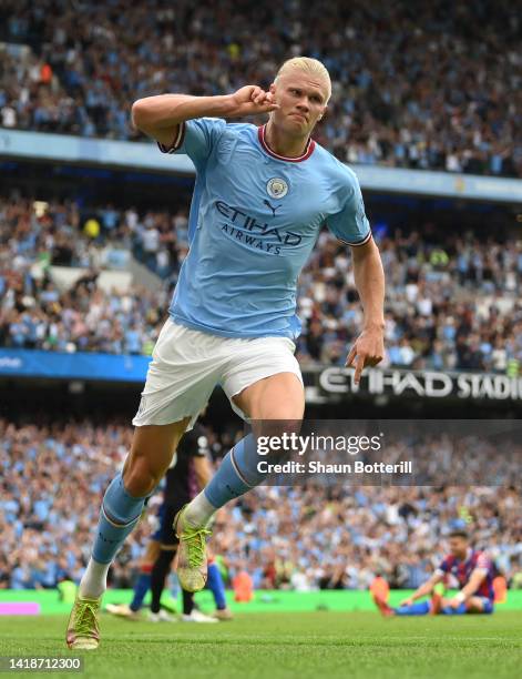 Erling Haaland of Manchester City celebrates his hat trick during the Premier League match between Manchester City and Crystal Palace at Etihad...