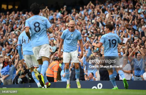 Erling Haaland of Manchester City celebrates his hat trick during the Premier League match between Manchester City and Crystal Palace at Etihad...