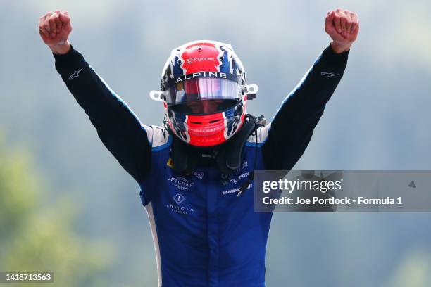 Race winner Jack Doohan of Australia and Virtuosi Racing celebrates in parc ferme during the Round 11:Spa-Francorchamps Feature race of the Formula 2...