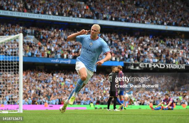 Erling Haaland of Manchester City celebrates his hat trick during the Premier League match between Manchester City and Crystal Palace at Etihad...