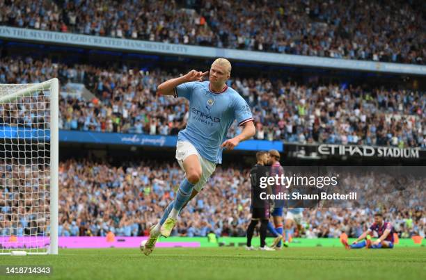 Erling Haaland of Manchester City celebrates his hat trick during the Premier League match between Manchester City and Crystal Palace at Etihad...