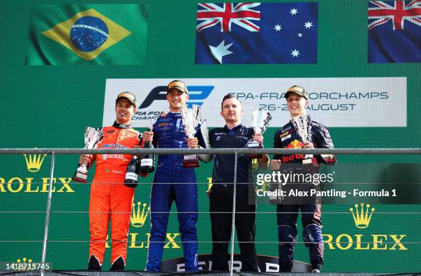 Race winner Jack Doohan of Australia and Virtuosi Racing , Second placed Felipe Drugovich of Brazil and MP Motorsport , Third placed Liam Lawson of...