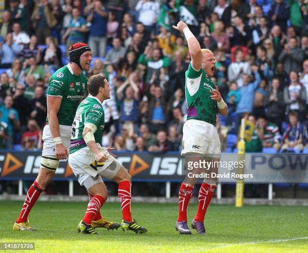 Tom Homer of London Irish celebrates after scoring a try during the Aviva Premiership match between London Irish and Leicester Tigers at Madejski...