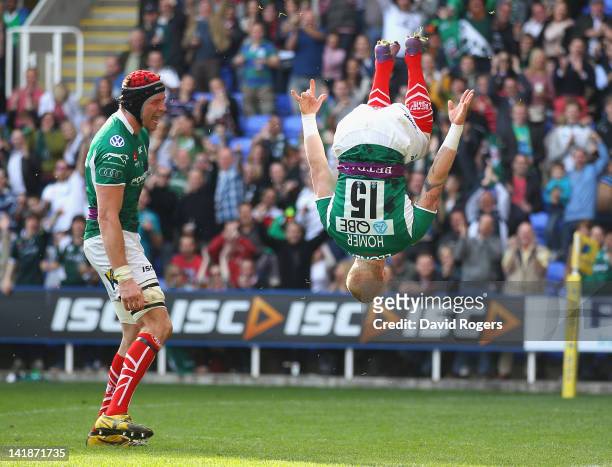 Tom Homer of London Irish celebrates after scoring a try during the Aviva Premiership match between London Irish and Leicester Tigers at Madejski...