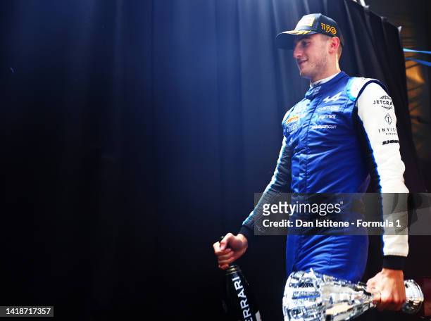 Race winner Jack Doohan of Australia and Virtuosi Racing celebrates on the podium during the Round 11:Spa-Francorchamps Feature race of the Formula 2...